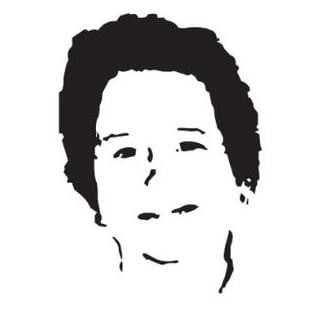 Black and white illustration of a person's face with minimal detail and high contrast.