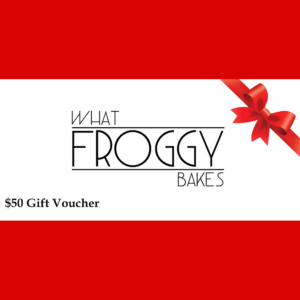 $50 gift voucher for WHAT FROGGY BAKES featuring a red ribbon on a white background.