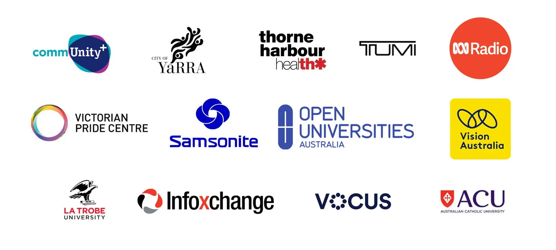 Collection of logos from various organizations including commUnity, Thorne Harbour Health, and Vision Australia.
