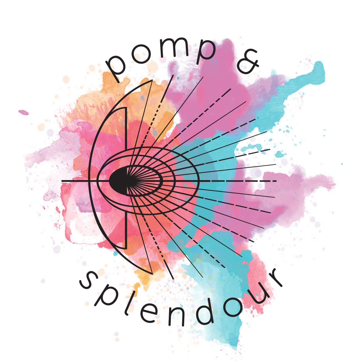 Logo design for Pomp & Splendour featuring an eye and colorful watercolor splashes.